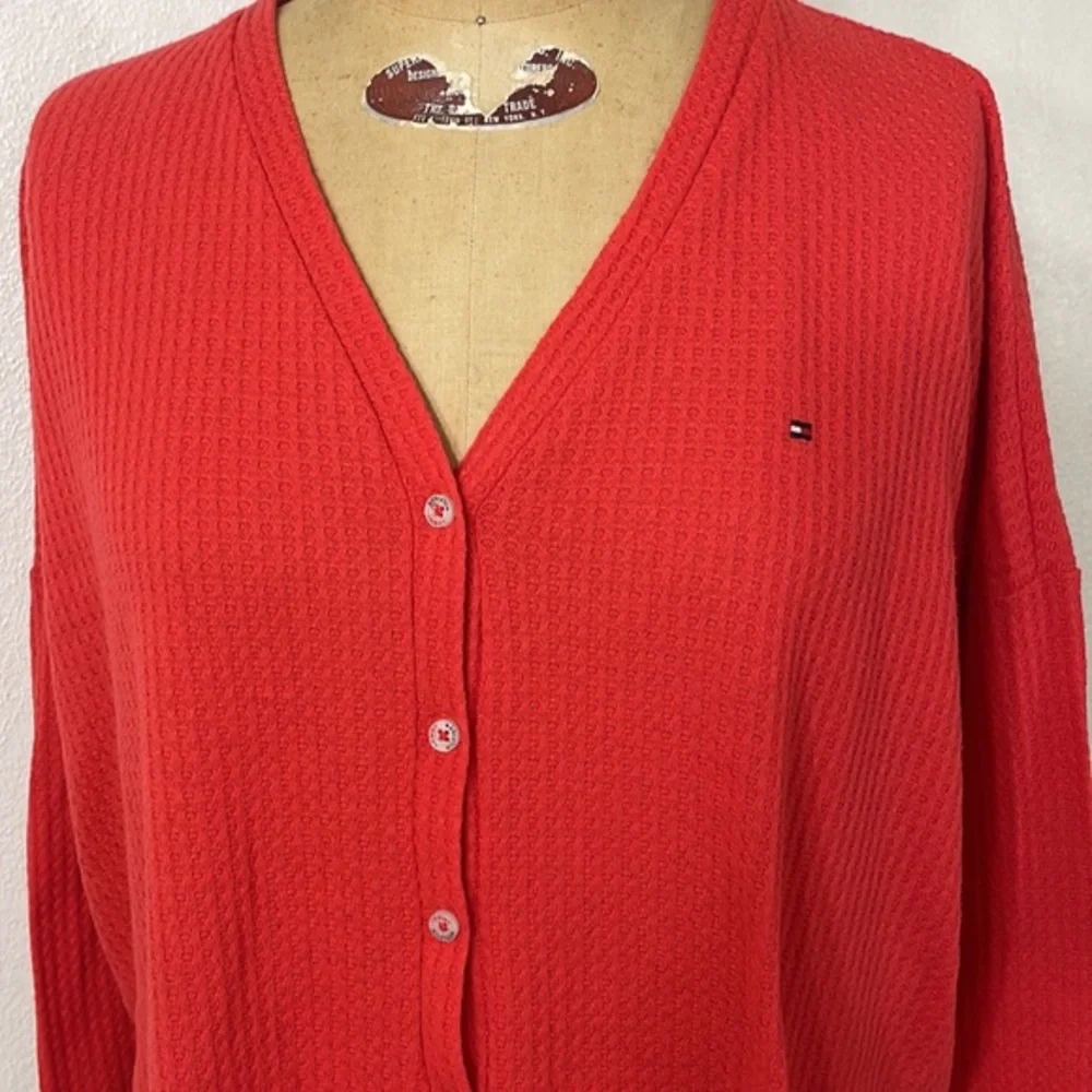 Tommy Hilfiger coral red, waffle knit drop shoulder cardigan - Picture 2 of 7